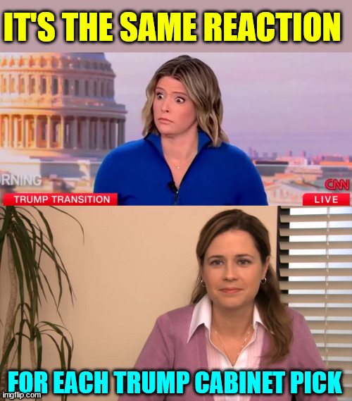 MSM propaganda | IT'S THE SAME REACTION; FOR EACH TRUMP CABINET PICK | image tagged in whiny msm,going to whine at whatever trump does,they do what their employers say | made w/ Imgflip meme maker