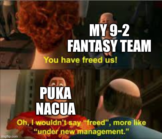 Why must you hurt me in this way | MY 9-2 FANTASY TEAM; PUKA NACUA | image tagged in you have freed us more like under new management,fantasy football | made w/ Imgflip meme maker