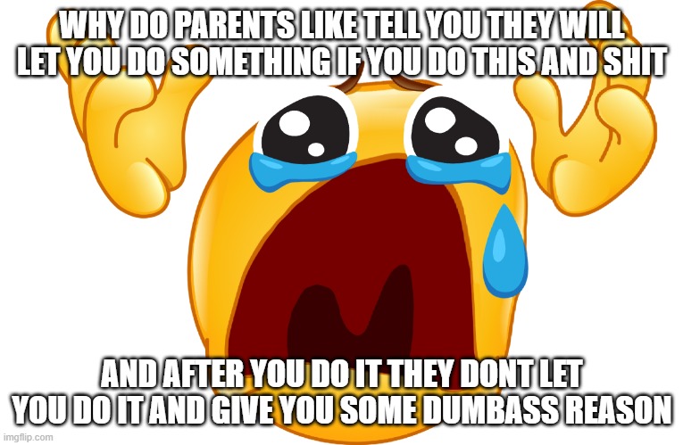 WHY | WHY DO PARENTS LIKE TELL YOU THEY WILL LET YOU DO SOMETHING IF YOU DO THIS AND SHIT; AND AFTER YOU DO IT THEY DONT LET YOU DO IT AND GIVE YOU SOME DUMBASS REASON | image tagged in why | made w/ Imgflip meme maker