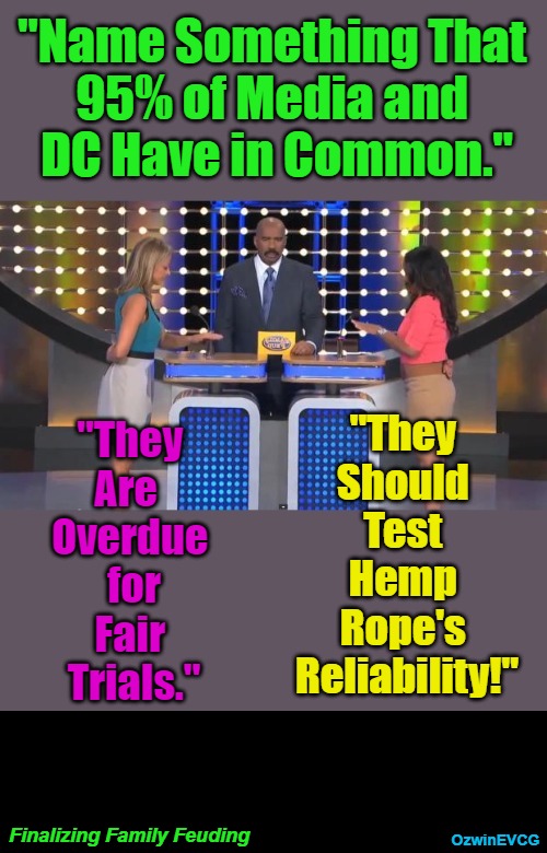 [ FFF ] | "Name Something That 

95% of Media and 

DC Have in Common."; "They 

Are  

Overdue 

for

Fair 

Trials."; "They 

Should 

Test 

Hemp 

Rope's 

Reliability!"; Finalizing Family Feuding; OzwinEVCG | image tagged in steve harvey family feud,government corruption,msm lies,crime and punishment,occupied usa,fair trials and fluffy pillows | made w/ Imgflip meme maker