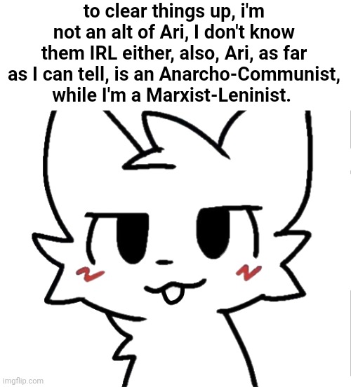 uh | to clear things up, i'm not an alt of Ari, I don't know them IRL either, also, Ari, as far as I can tell, is an Anarcho-Communist, while I'm a Marxist-Leninist. | image tagged in boykisser | made w/ Imgflip meme maker