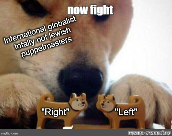 What?! I said "NOT" ¯\(º_o)/¯ | International globalist 
totally not jewish 
puppetmasters; "Left"; "Right" | image tagged in now fight | made w/ Imgflip meme maker