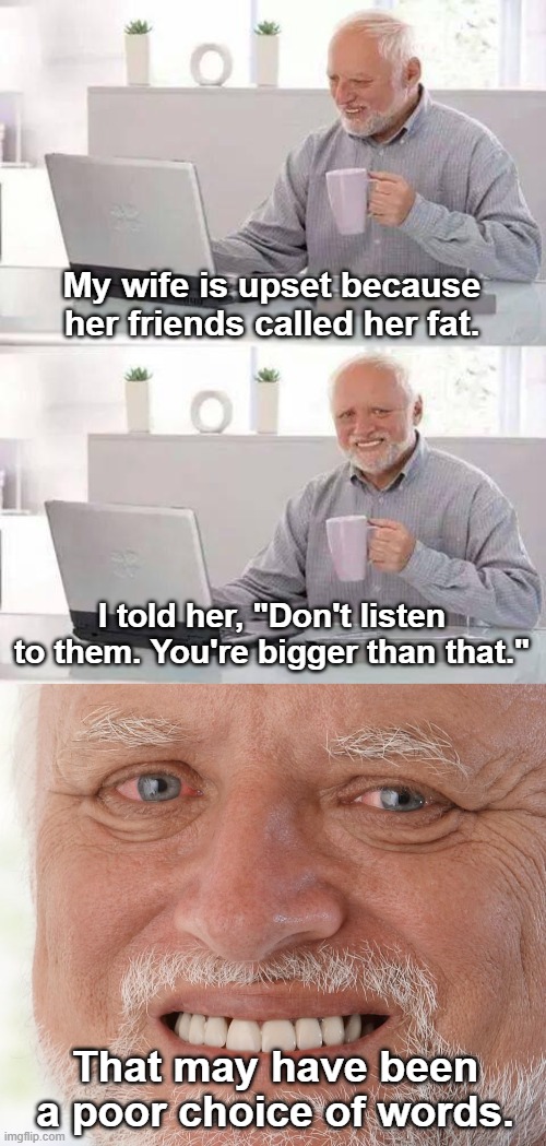 My wife is upset because her friends called her fat. I told her, "Don't listen to them. You're bigger than that."; That may have been a poor choice of words. | image tagged in memes,hide the pain harold,fat woman,marriage,wife,very poor choice of words | made w/ Imgflip meme maker