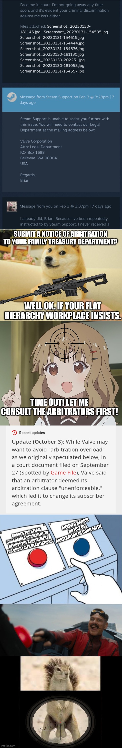 SUBMIT A NOTICE OF ARBITRATION TO YOUR FAMILY TREASURY DEPARTMENT? WELL OK. IF YOUR FLAT HIERARCHY WORKPLACE INSISTS. TIME OUT! LET ME CONSULT THE ARBITRATORS FIRST! ANSWER NARU'S NOTICE OF ARBITRATION IN GOOD FAITH; CHANGE THE STEAM SUBSCRIBER AGREEMENT TO REMOVE THE REQUIREMENT FOR GOOD FAITH NEGOTIATIONS | image tagged in memes,doge 2,the person above me,robotnik button,squirrel nuts | made w/ Imgflip meme maker