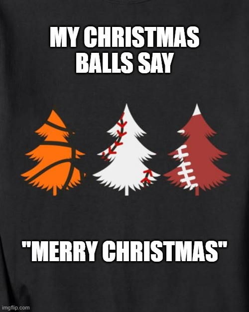 memes by Brad - My Christmas balls say Merry Christmas. | MY CHRISTMAS BALLS SAY; "MERRY CHRISTMAS" | image tagged in sports,funny,balls,christmas,merry christmas,humor | made w/ Imgflip meme maker