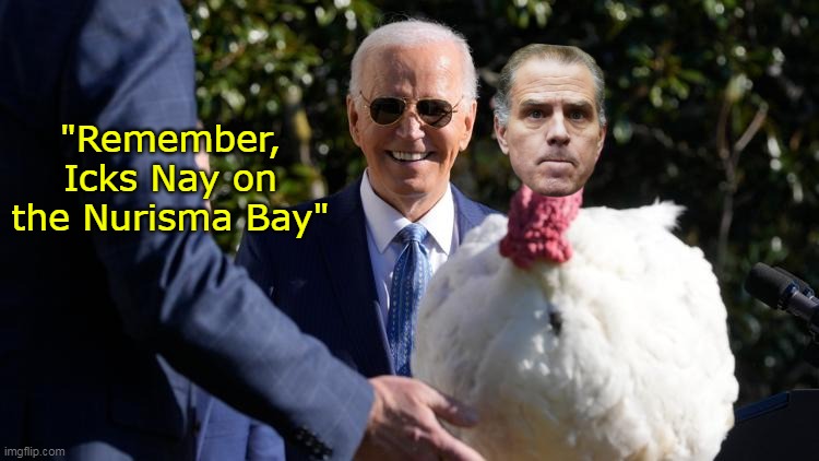 So he doesn't Narc on the rest of the crime family | "Remember, Icks Nay on the Nurisma Bay" | image tagged in hunter pardon turkey meme | made w/ Imgflip meme maker