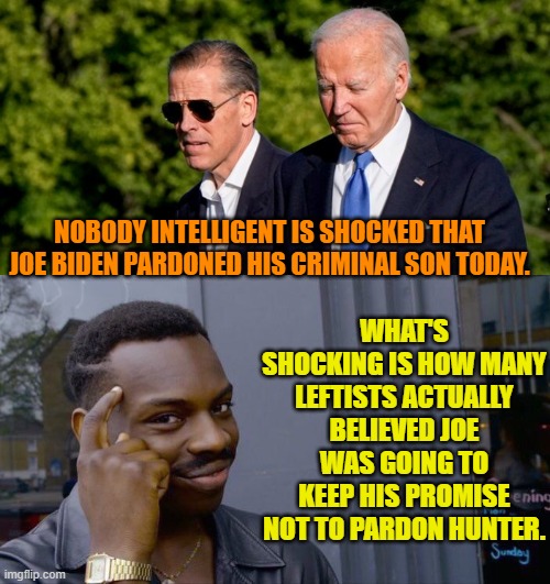 If they are drawing in air then Dem Party politicians are lying. | WHAT'S SHOCKING IS HOW MANY LEFTISTS ACTUALLY BELIEVED JOE WAS GOING TO KEEP HIS PROMISE NOT TO PARDON HUNTER. NOBODY INTELLIGENT IS SHOCKED THAT JOE BIDEN PARDONED HIS CRIMINAL SON TODAY. | image tagged in roll safe think about it | made w/ Imgflip meme maker