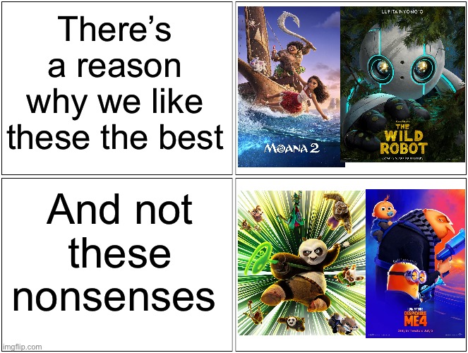 Best&Worst Animated Movies | There’s a reason why we like these the best; And not these nonsenses | image tagged in memes,blank comic panel 2x2,movies,animation,disney,dreamworks | made w/ Imgflip meme maker