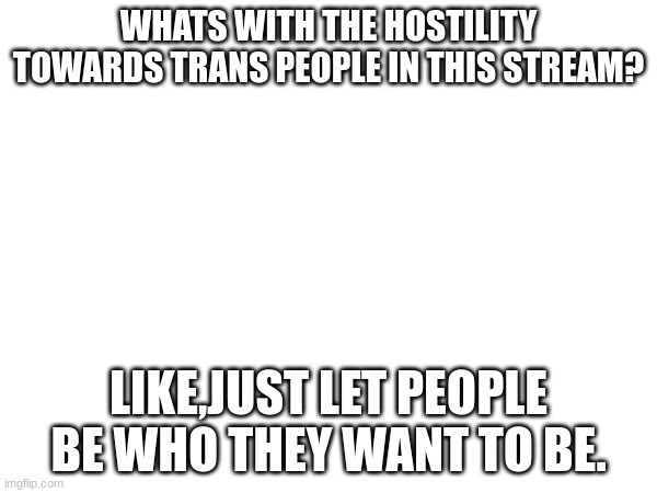 why do you feel the need to slander trans people? | WHATS WITH THE HOSTILITY TOWARDS TRANS PEOPLE IN THIS STREAM? LIKE,JUST LET PEOPLE BE WHO THEY WANT TO BE. | image tagged in lgbtq,transgender | made w/ Imgflip meme maker