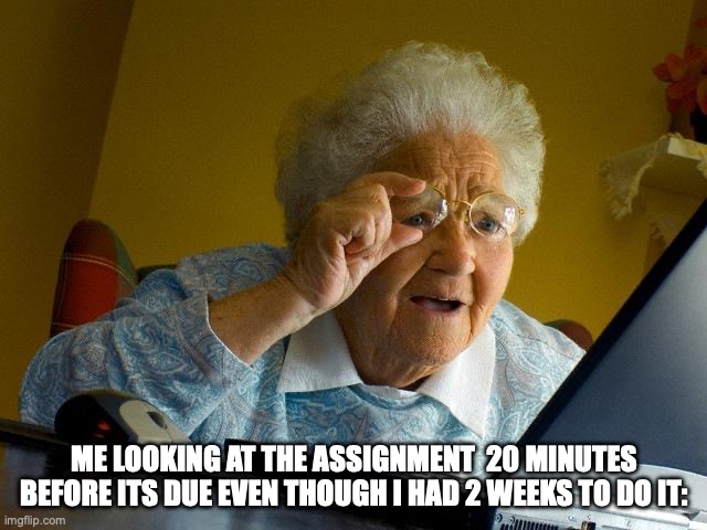 Grandma Finds The Internet | ME LOOKING AT THE ASSIGNMENT  20 MINUTES BEFORE ITS DUE EVEN THOUGH I HAD 2 WEEKS TO DO IT: | image tagged in memes,grandma finds the internet | made w/ Imgflip meme maker