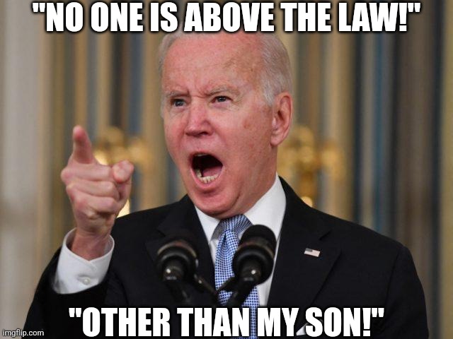 So Democrats, explain why Hunter is pardoned BEFORE serving any time for multiple FEDERAL crimes? | "NO ONE IS ABOVE THE LAW!"; "OTHER THAN MY SON!" | image tagged in angry biden,lying,hunter biden,injustice,triggered liberal,i'm tired of pretending it's not | made w/ Imgflip meme maker