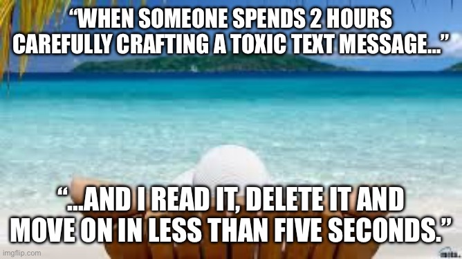 Vacation Beach | “WHEN SOMEONE SPENDS 2 HOURS CAREFULLY CRAFTING A TOXIC TEXT MESSAGE…”; “…AND I READ IT, DELETE IT AND MOVE ON IN LESS THAN FIVE SECONDS.” | image tagged in vacation beach | made w/ Imgflip meme maker