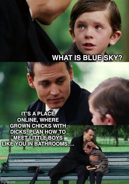 Finding Neverland | WHAT IS BLUE SKY? IT’S A PLACE ONLINE, WHERE GROWN CHICKS WITH DICKS, PLAN HOW TO MEET LITTLE BOYS LIKE YOU IN BATHROOMS…. @CALJFREEMAN1 | image tagged in memes,finding neverland,maga,blue sky,democrats,lgbtq | made w/ Imgflip meme maker