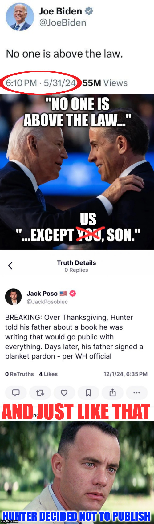 Biden Crime Family - Shows contempt for the American people. | US; AND JUST LIKE THAT; HUNTER DECIDED NOT TO PUBLISH | image tagged in memes,and just like that,biden crime family,no honor | made w/ Imgflip meme maker