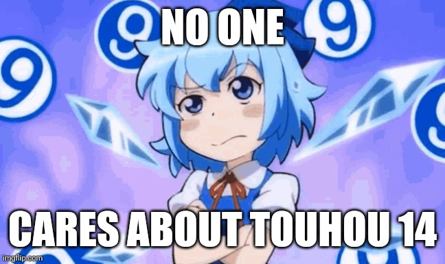 This should has touhou 14. Unfortunateley, all kids rejected it | NO ONE; CARES ABOUT TOUHOU 14 | image tagged in confused cirno | made w/ Imgflip meme maker