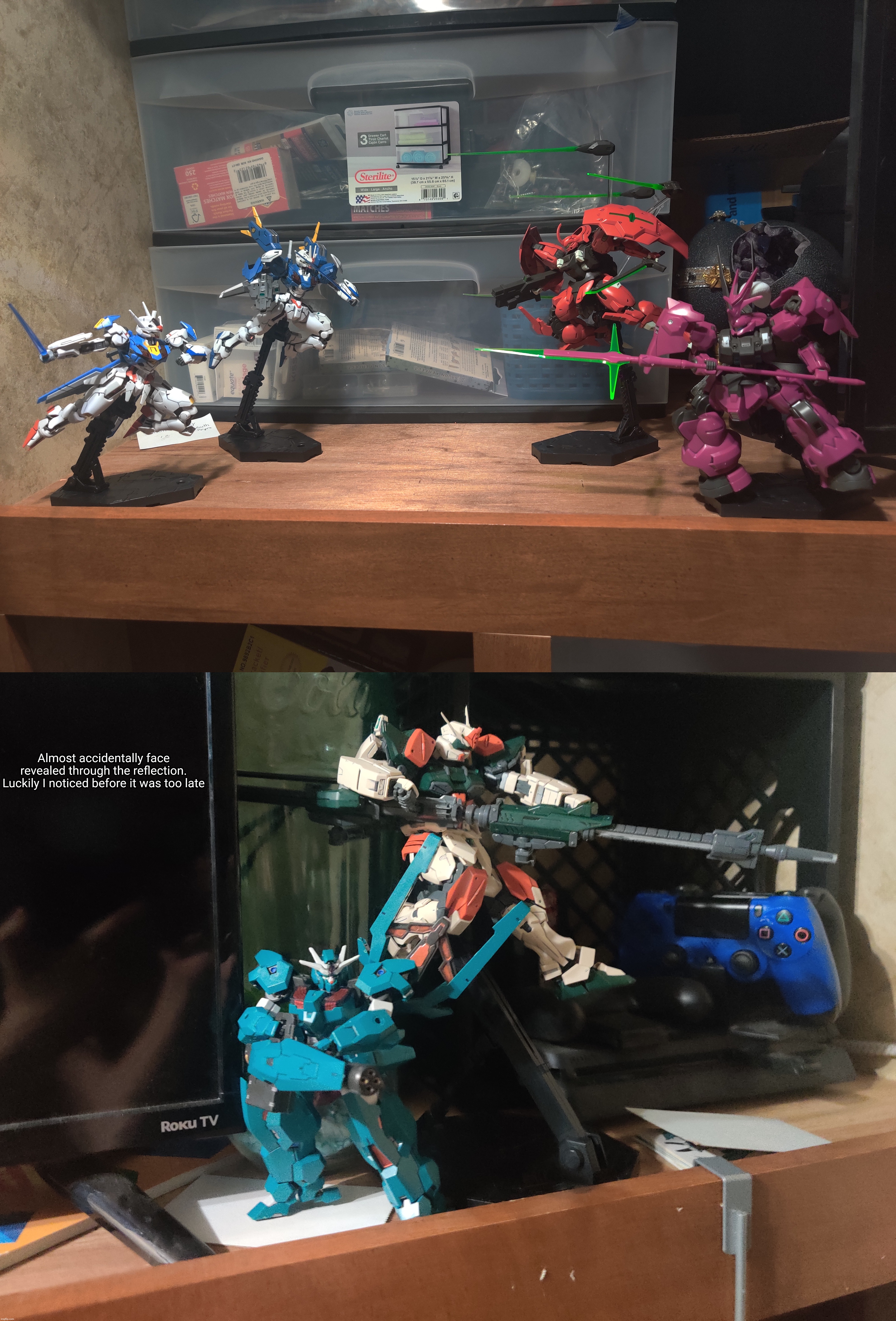 New shelf setup, probably gonna adjust the stands a bit but other than that it'll stay mostly the same | Almost accidentally face revealed through the reflection. Luckily I noticed before it was too late | made w/ Imgflip meme maker