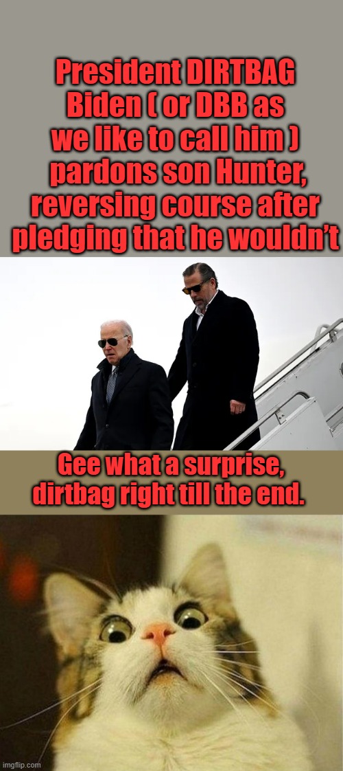 LIED his whole life , he'll die lieing . | President DIRTBAG Biden ( or DBB as we like to call him )  pardons son Hunter, reversing course after pledging that he wouldn’t; Gee what a surprise, dirtbag right till the end. | image tagged in memes,scared cat | made w/ Imgflip meme maker