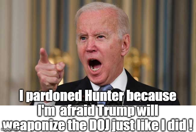 It's already the MSM narrative, (they just don't say the quiet part) | I pardoned Hunter because I'm  afraid Trump will weaponize the DOJ just like I did ! | image tagged in biden pardon hunter weaponize doj meme | made w/ Imgflip meme maker