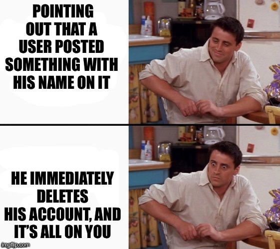 Comprehending Joey | POINTING OUT THAT A USER POSTED SOMETHING WITH HIS NAME ON IT; HE IMMEDIATELY DELETES HIS ACCOUNT, AND IT’S ALL ON YOU | image tagged in comprehending joey | made w/ Imgflip meme maker