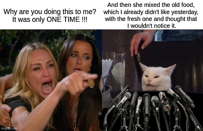 You can't fool them. Not a chance. | And then she mixed the old food, 
which I already didn't like yesterday, 
with the fresh one and thought that 
I wouldn't notice it. Why are you doing this to me?
It was only ONE TIME !!! | image tagged in memes,woman yelling at cat,funny,pet humor,viral meme,best meme | made w/ Imgflip meme maker