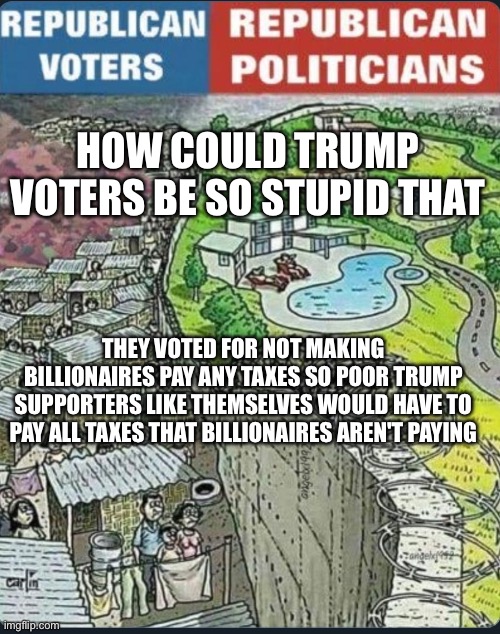 Trump supporters screwed themselves out of everything | HOW COULD TRUMP VOTERS BE SO STUPID THAT; THEY VOTED FOR NOT MAKING BILLIONAIRES PAY ANY TAXES SO POOR TRUMP SUPPORTERS LIKE THEMSELVES WOULD HAVE TO PAY ALL TAXES THAT BILLIONAIRES AREN'T PAYING | image tagged in the incredible stupidity of maga | made w/ Imgflip meme maker