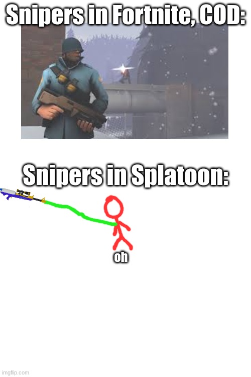 Splatoon snipers are better than COD or Fortnite cuz you can TELL where your assassin might be. Sniper Glare is harder to find t | Snipers in Fortnite, COD:; Snipers in Splatoon:; oh | image tagged in blank white template | made w/ Imgflip meme maker