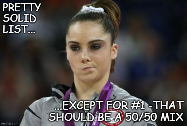 PRETTY
SOLID
LIST... ...EXCEPT FOR #1 -THAT
SHOULD BE A 50/50 MIX | image tagged in memes,mckayla maroney not impressed | made w/ Imgflip meme maker