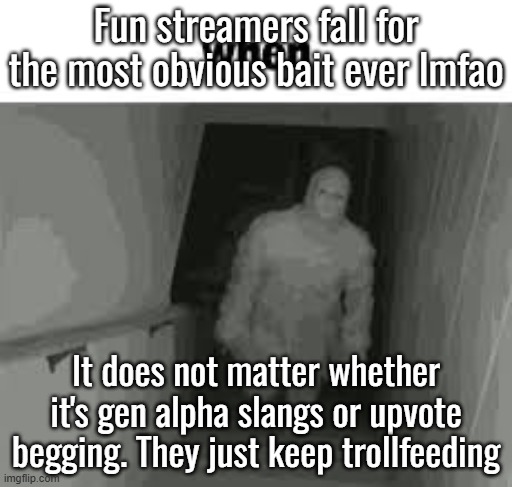 when | Fun streamers fall for the most obvious bait ever lmfao; It does not matter whether it's gen alpha slangs or upvote begging. They just keep trollfeeding | image tagged in when | made w/ Imgflip meme maker