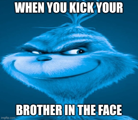 Blue Grinch | WHEN YOU KICK YOUR; BROTHER IN THE FACE | image tagged in blue grinch | made w/ Imgflip meme maker