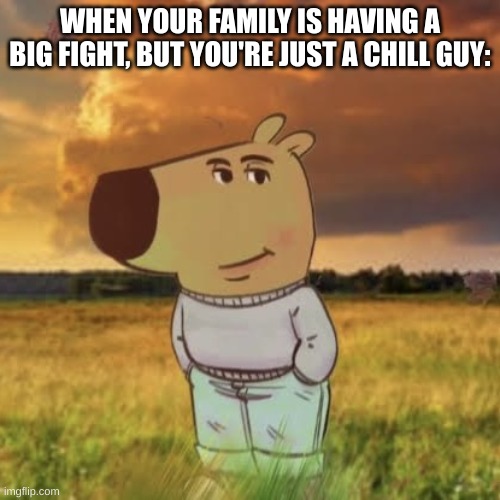 :) | WHEN YOUR FAMILY IS HAVING A BIG FIGHT, BUT YOU'RE JUST A CHILL GUY: | image tagged in chill guy | made w/ Imgflip meme maker