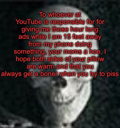 . | To whoever at YouTube is responsible for for giving me those hour long ads while I am 15 feet away from my phone doing something, your moms a hoe, I hope both sides of your pillow are warm and that you always get a boner when you try to piss | image tagged in skull | made w/ Imgflip meme maker