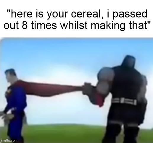 Excuse me | "here is your cereal, i passed out 8 times whilst making that" | image tagged in excuse me | made w/ Imgflip meme maker