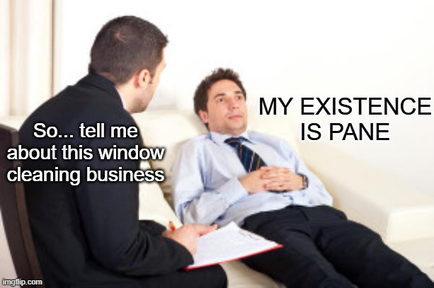 Existence is pane | MY EXISTENCE IS PANE; So... tell me about this window cleaning business | image tagged in psychiatrist | made w/ Imgflip meme maker