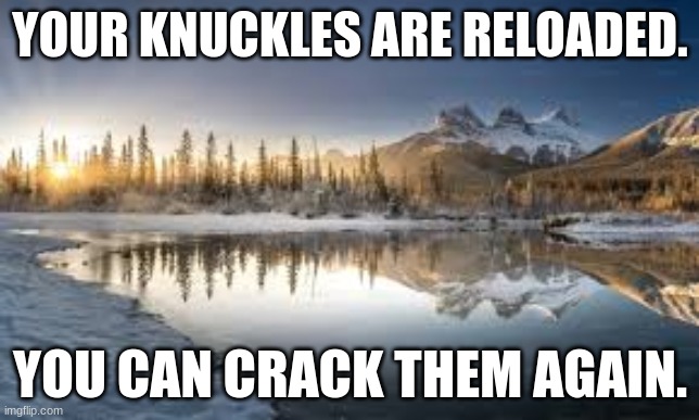 Rest here. | YOUR KNUCKLES ARE RELOADED. YOU CAN CRACK THEM AGAIN. | image tagged in rest here traveler,snow | made w/ Imgflip meme maker