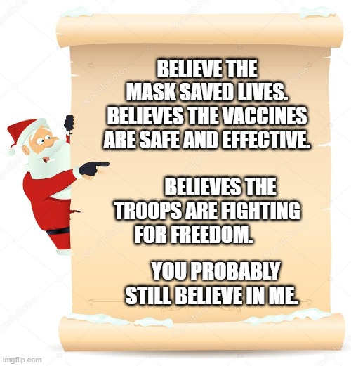 Santas List | BELIEVE THE MASK SAVED LIVES. BELIEVES THE VACCINES ARE SAFE AND EFFECTIVE.                         BELIEVES THE TROOPS ARE FIGHTING FOR FREEDOM. YOU PROBABLY STILL BELIEVE IN ME. | image tagged in santas list | made w/ Imgflip meme maker