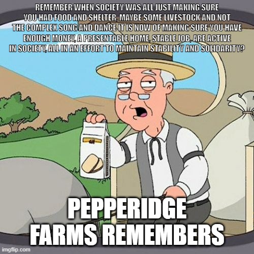 Pepperidge Farm Remembers Meme | REMEMBER WHEN SOCIETY WAS ALL JUST MAKING SURE YOU HAD FOOD AND SHELTER, MAYBE SOME LIVESTOCK AND NOT THE COMPLEX SONG AND DANCE IT IS NOW OF MAKING SURE YOU HAVE ENOUGH MONEY, A PRESENTABLE HOME, STABLE JOB, ARE ACTIVE IN SOCIETY, ALL IN AN EFFORT TO MAINTAIN STABILITY AND SOLIDARITY? PEPPERIDGE FARMS REMEMBERS | image tagged in memes,pepperidge farm remembers | made w/ Imgflip meme maker