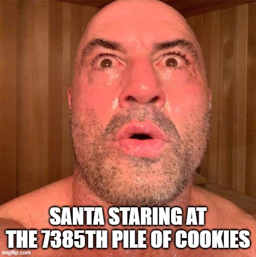 too early? | SANTA STARING AT THE 7385TH PILE OF COOKIES | image tagged in joe rogan sauna | made w/ Imgflip meme maker