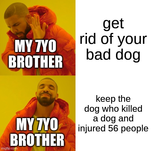 my brother kenzou(youtube account: titan vr) is the worst for keeping his dog(kamila) alive even though she killed my dog | get rid of your bad dog; MY 7YO BROTHER; keep the dog who killed a dog and injured 56 people; MY 7YO BROTHER | image tagged in memes,drake hotline bling | made w/ Imgflip meme maker