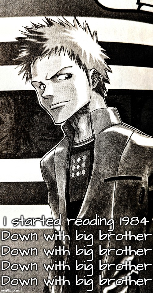 High contrast ichigo | I started reading 1984
Down with big brother
Down with big brother
Down with big brother
Down with big brother | image tagged in high contrast ichigo | made w/ Imgflip meme maker