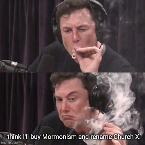 Elon wants Mormonism | I think I'll buy Mormonism and rename Church X. | image tagged in elon musk weed | made w/ Imgflip meme maker