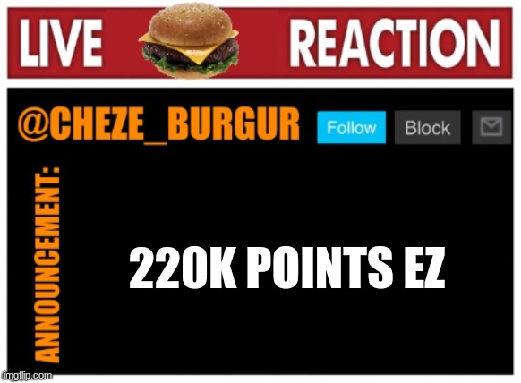 chezeburgur announcment | 220K POINTS EZ | image tagged in chezeburgur announcment | made w/ Imgflip meme maker