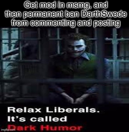 Relax liberals | Get mod in msmg, and then permanent ban DarthSwede from commenting and posting | image tagged in relax liberals | made w/ Imgflip meme maker