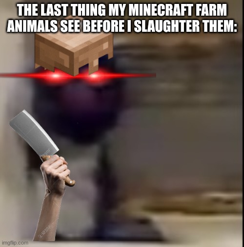 good morning porkchop. sadly imma have to murder you for your flesh | THE LAST THING MY MINECRAFT FARM ANIMALS SEE BEFORE I SLAUGHTER THEM: | image tagged in grover staring | made w/ Imgflip meme maker