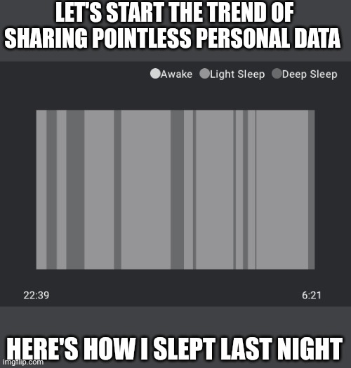 LET'S START THE TREND OF SHARING POINTLESS PERSONAL DATA; HERE'S HOW I SLEPT LAST NIGHT | made w/ Imgflip meme maker