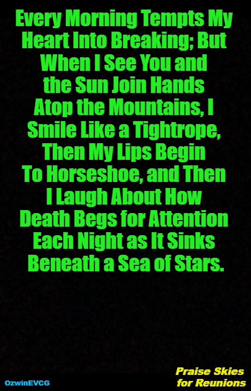 Praise Skies for Reunions | Every Morning Tempts My 

Heart Into Breaking; But 

When I See You and 

the Sun Join Hands 

Atop the Mountains, I 

Smile Like a Tightrope, 

Then My Lips Begin 

To Horseshoe, and Then 

I Laugh About How 

Death Begs for Attention 

Each Night as It Sinks 

Beneath a Sea of Stars. Praise Skies 

for Reunions; OzwinEVCG | image tagged in life,death,friends,family reunion,memories,perspective | made w/ Imgflip meme maker