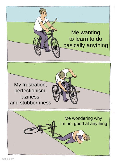 I see my problems, doesn't mean I fix them :') | Me wanting to learn to do basically anything; My frustration, perfectionism, laziness, and stubbornness; Me wondering why I'm not good at anything | image tagged in memes,bike fall | made w/ Imgflip meme maker