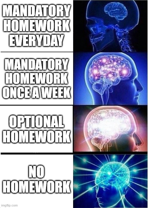 Expanding Brain | MANDATORY HOMEWORK EVERYDAY; MANDATORY HOMEWORK ONCE A WEEK; OPTIONAL HOMEWORK; NO HOMEWORK | image tagged in memes,expanding brain | made w/ Imgflip meme maker