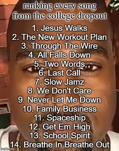 Kanye West Stare | ranking every song from the college dropout; 1. Jesus Walks
2. The New Workout Plan
3. Through The Wire
4. All Falls Down
5. Two Words
6. Last Call
7. Slow Jamz
8. We Don't Care
9. Never Let Me Down
10. Family Business
11. Spaceship
12. Get Em High
13. School Spirit
14. Breathe In Breathe Out | image tagged in kanye west stare | made w/ Imgflip meme maker