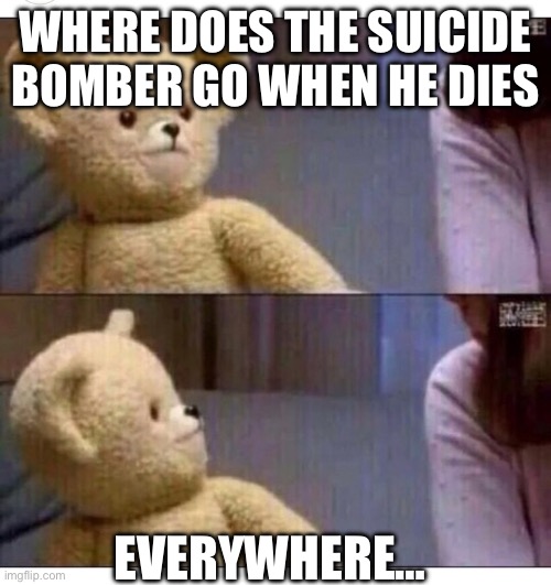 Damn | WHERE DOES THE SUICIDE BOMBER GO WHEN HE DIES; EVERYWHERE… | image tagged in wait what | made w/ Imgflip meme maker