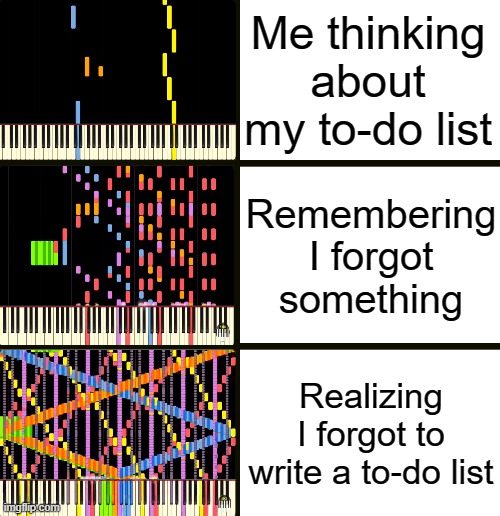 wait... | Me thinking about my to-do list; Remembering I forgot something; Realizing I forgot to write a to-do list | image tagged in anxiety levels rush e,funny,memes,made by chatgpt,barney will eat all of your delectable biscuits | made w/ Imgflip meme maker